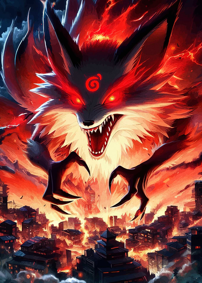 Nine-Tailed Fox Over Burning City