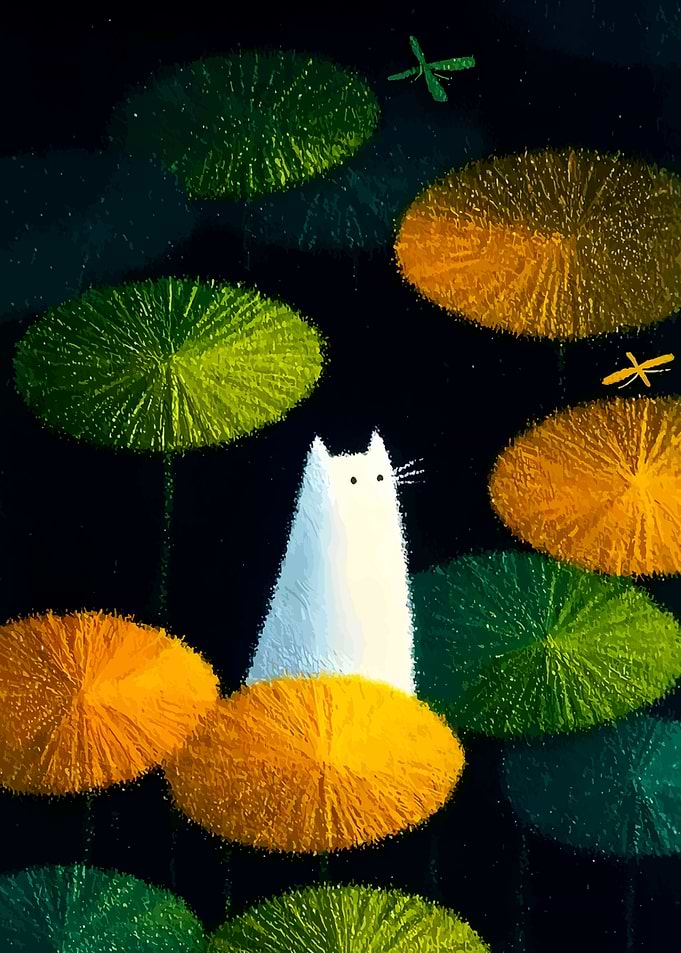 Cat among lily pads at night