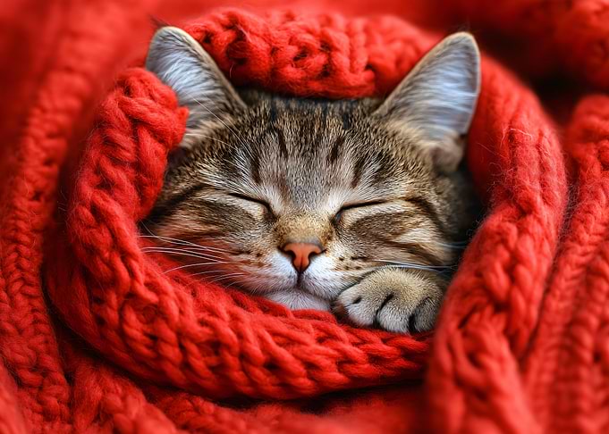 Sleeping Cat in Red Knit Blanket