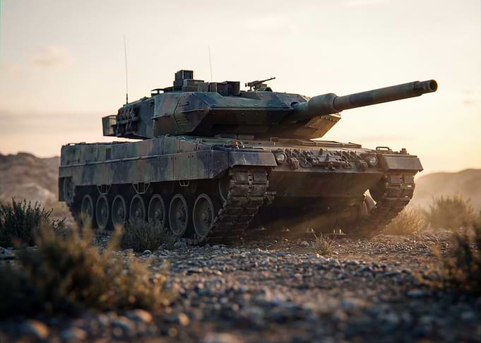 Camouflaged Tank in Desert Landscape