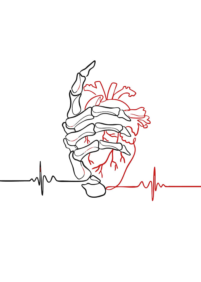 Skeleton Hand Holding Heart Line Art