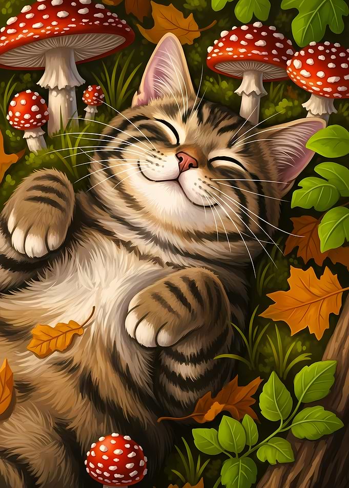 Happy Cat in Mushroom Forest