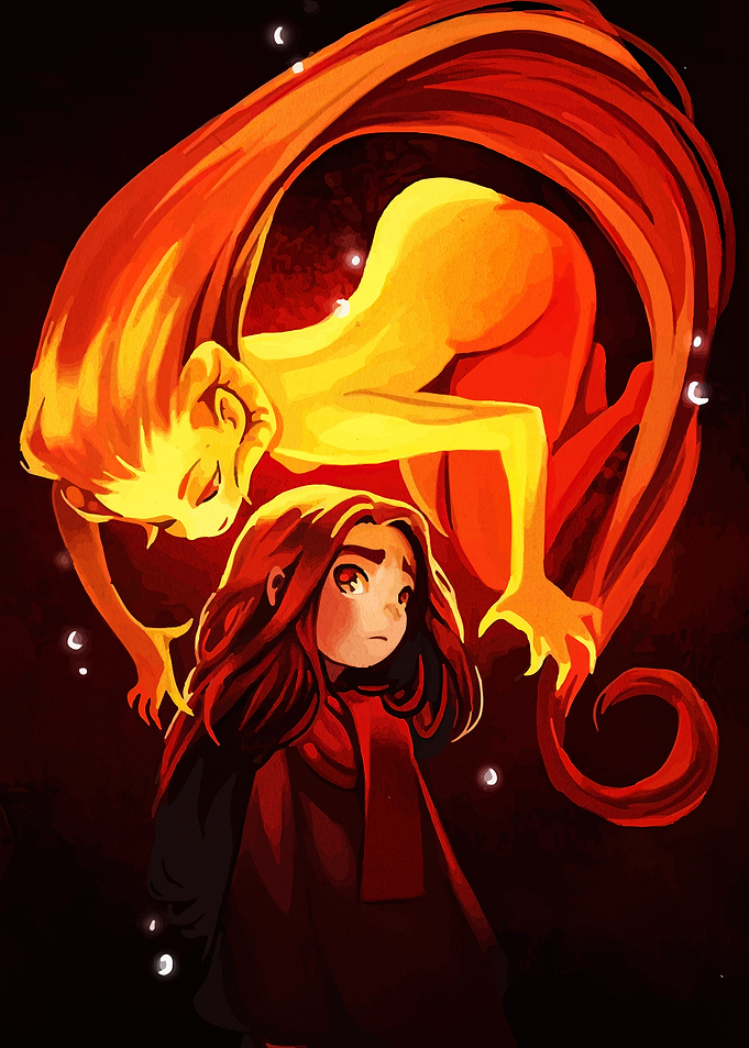 Girl and Fire Spirit Illustration