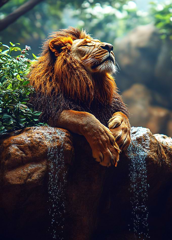 Lion resting near a waterfall