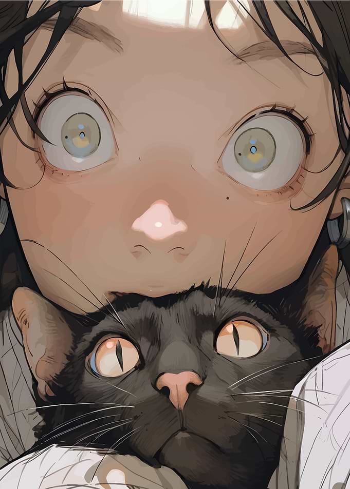 Girl and Black Cat Illustration