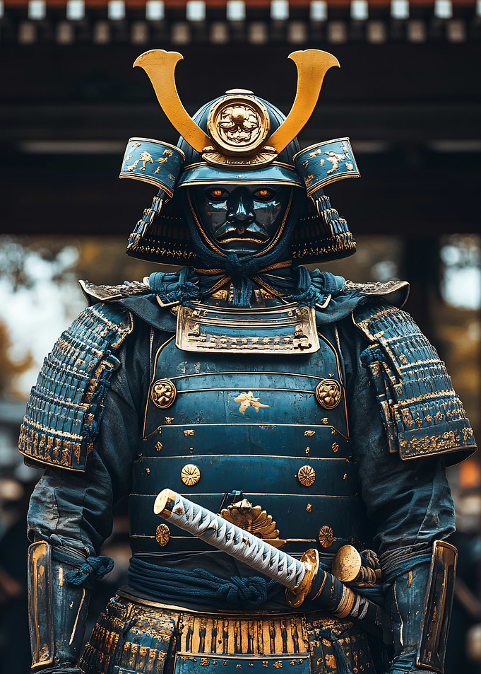 Samurai Warrior in Blue and Gold Armor