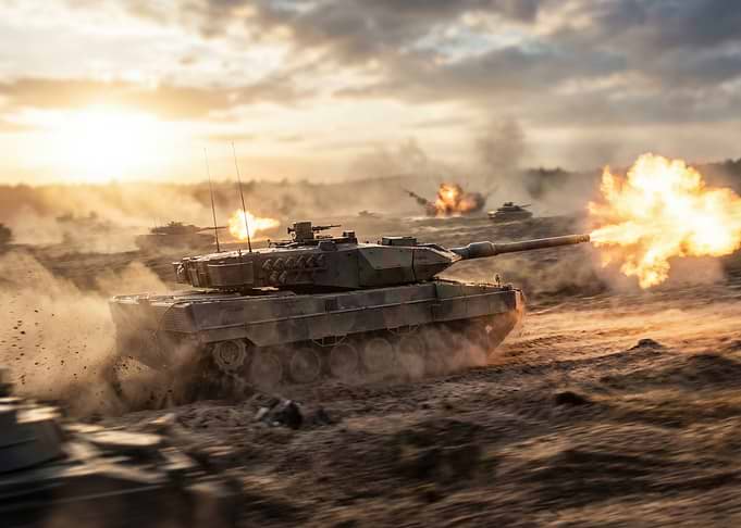 Leopard 2 Tank firing on a battlefield