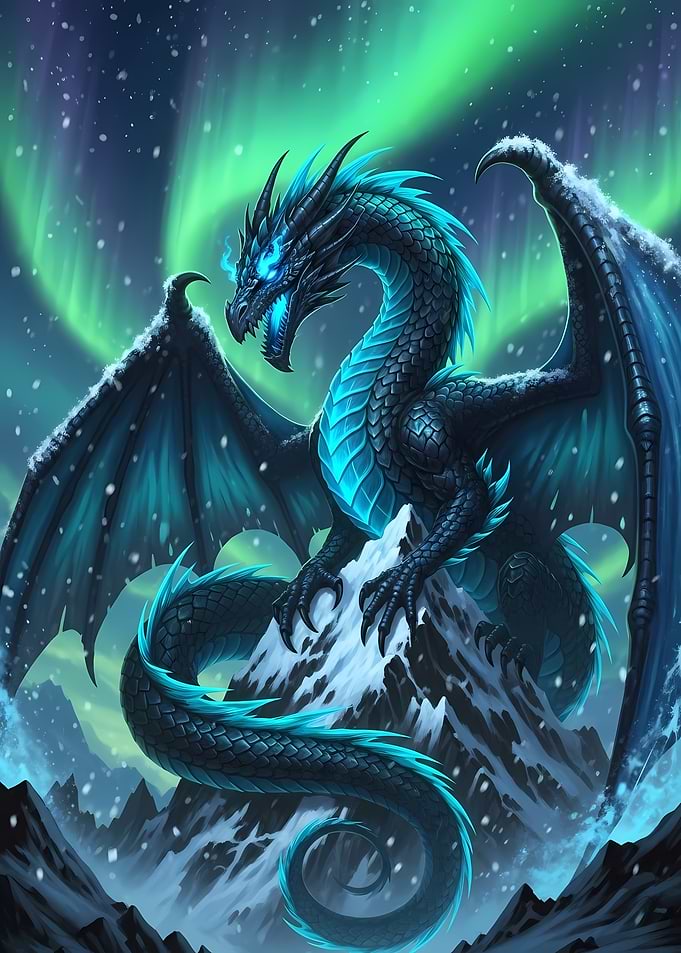Blue Dragon on Snowy Mountain Peak