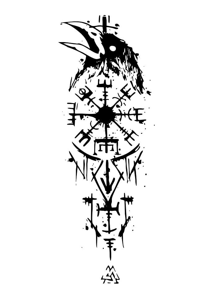 Raven and Viking Symbols Black Ink