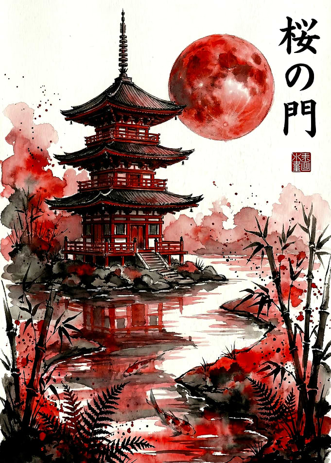 Japanese Pagoda with Red Moon Watercolor