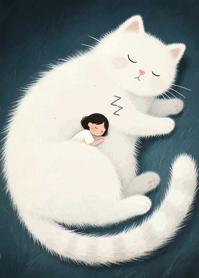 Girl Sleeping on Giant White Cat