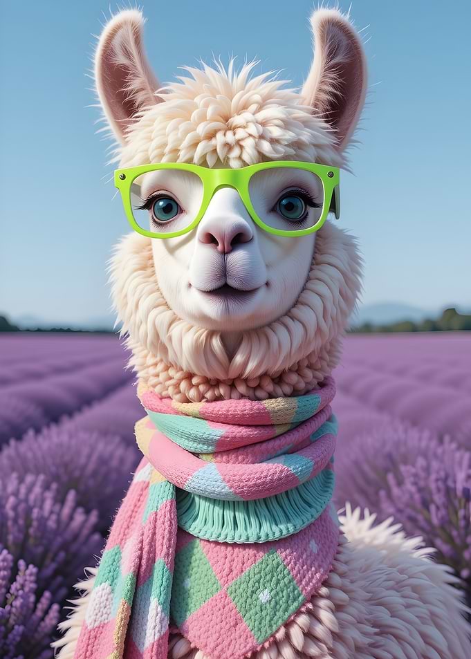 Llama with Glasses in Lavender Field