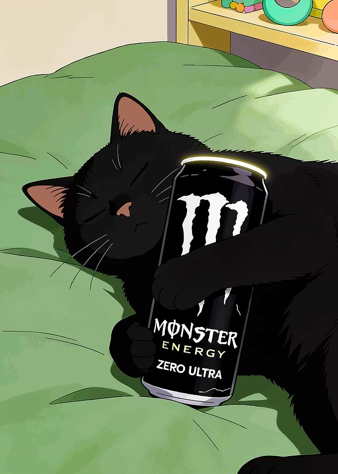 Sleeping Cat with Monster Energy Drink