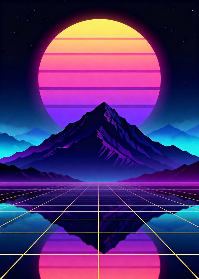 Synthwave Mountain Landscape with Grid