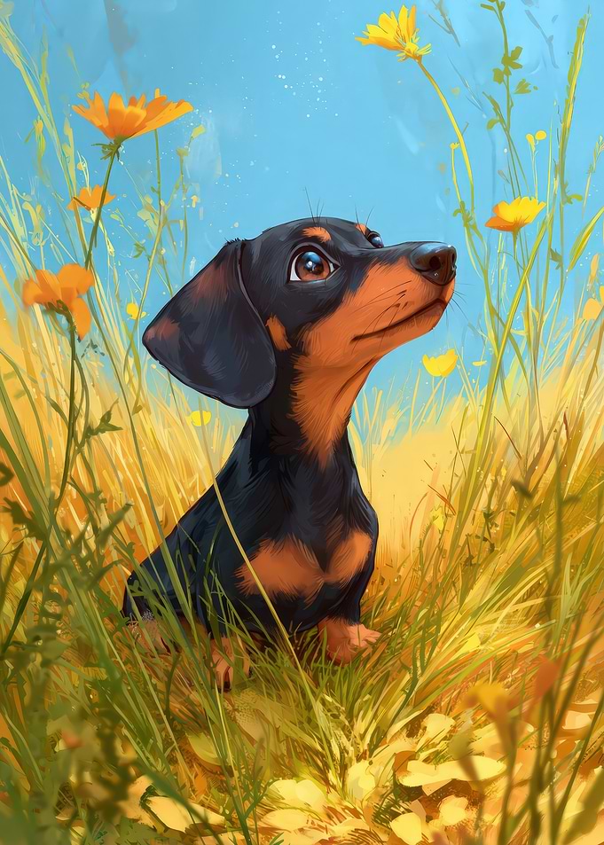 Cute chibi style Dachshund in a Field of Flowers