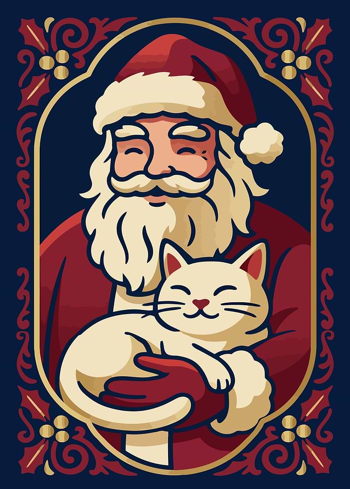Santa Claus with Cat Christmas Illustration