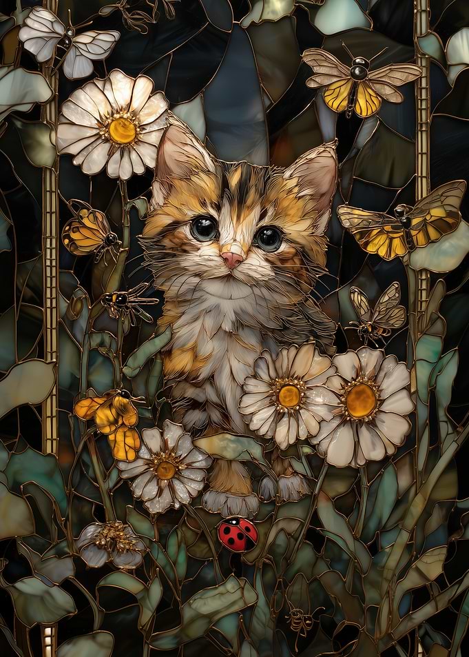 Stained Glass Kitten with Flowers