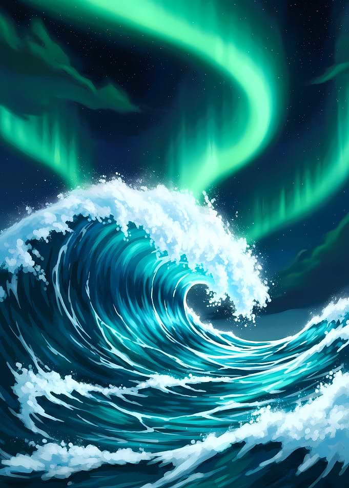 Ocean Wave Under Aurora Borealis