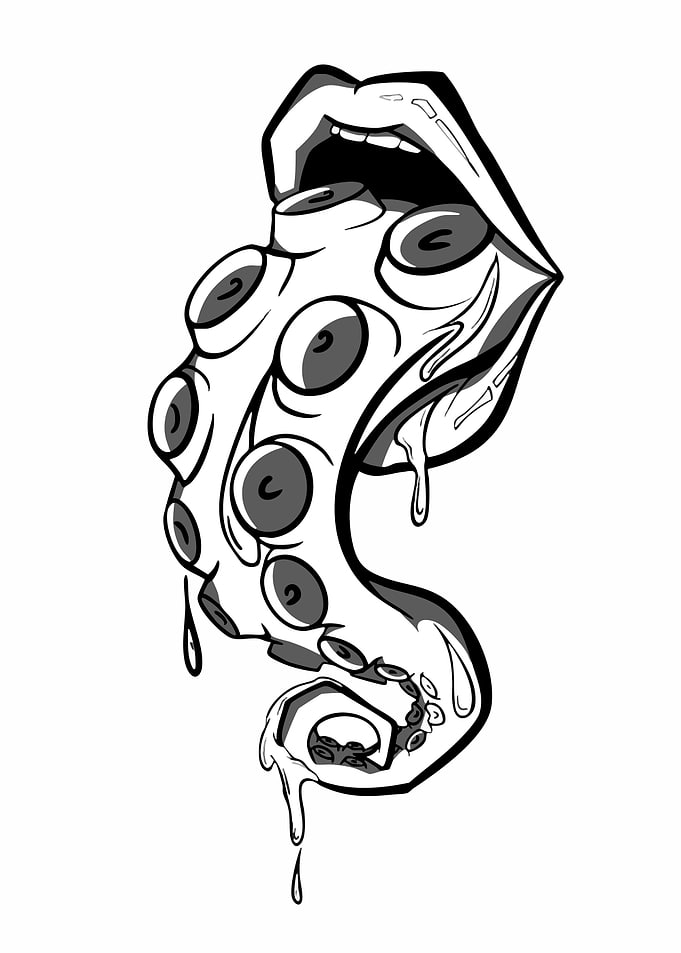 Octopus Tentacle in Mouth Black and White