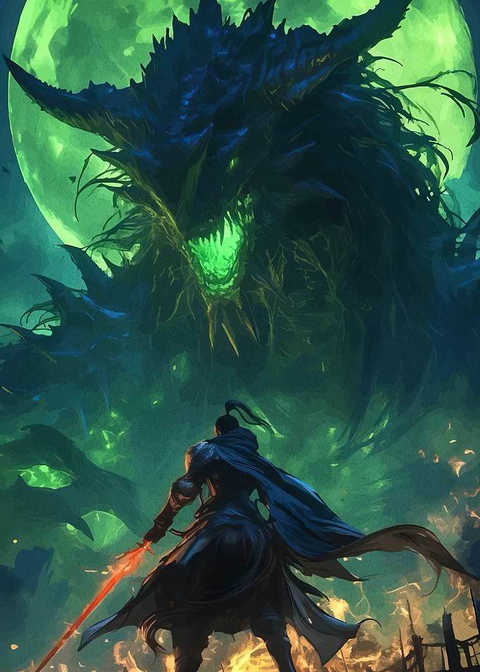 Warrior Facing a Monster Under Moonlight