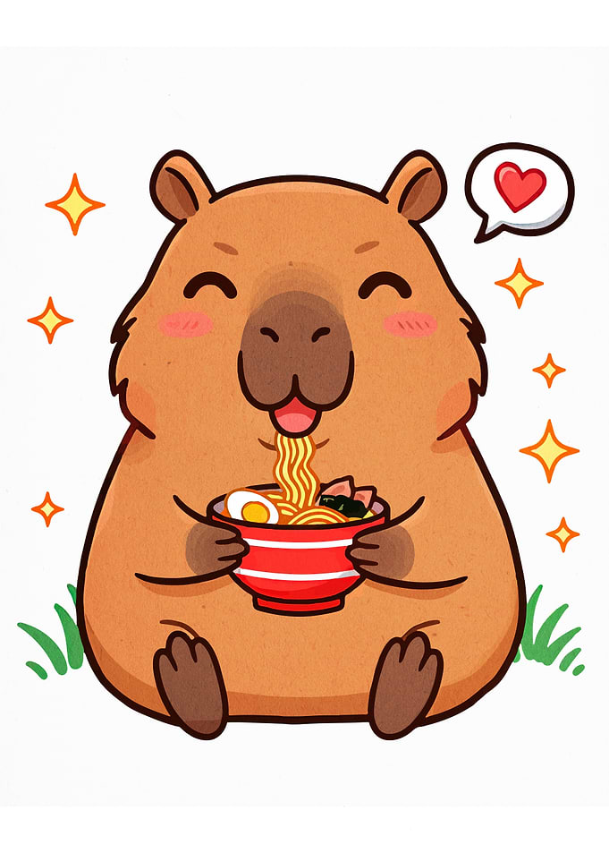 Capybara eating ramen cartoon illustration