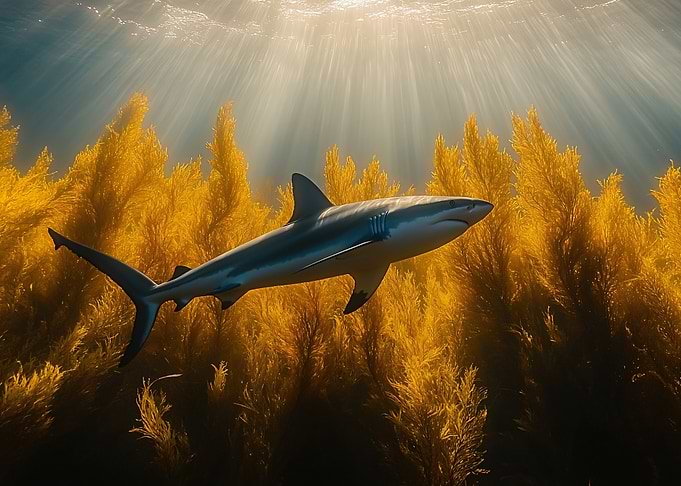 Shark swimming through kelp forest