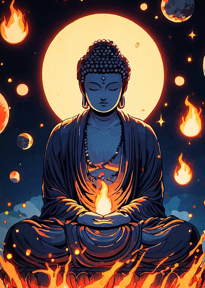 Buddha Meditation in Space with Fire