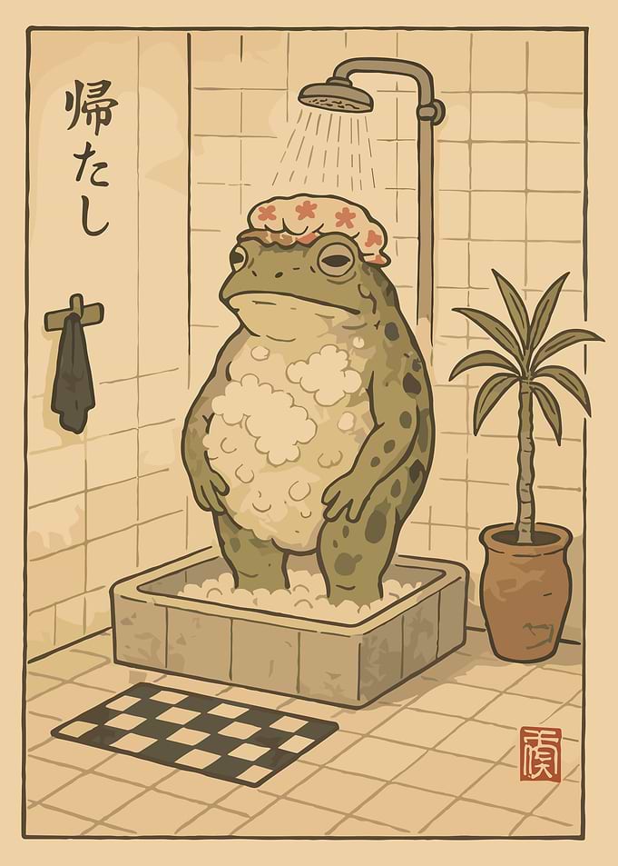 Frog in Shower Poster Funny Frog Bathroom Wall Art Cute Cartoon Bath Print