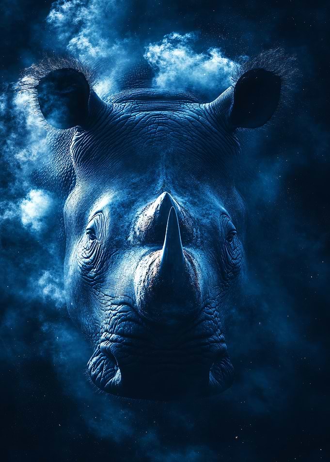 Blue Rhino Portrait with Cloud Background
