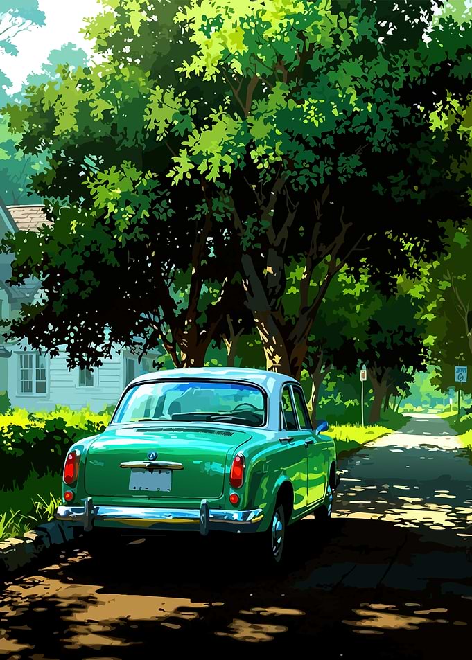 Vintage Green Car on Country Road