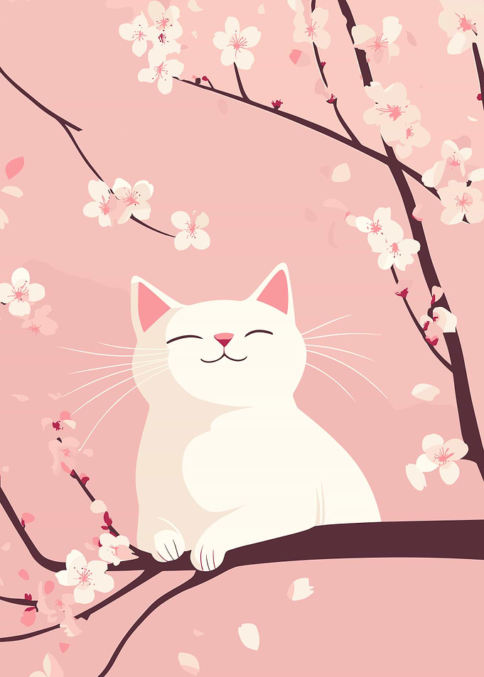 White Cat in Cherry Blossom Tree