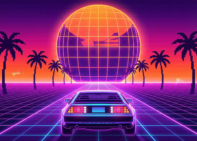 Retro Car on Grid Road