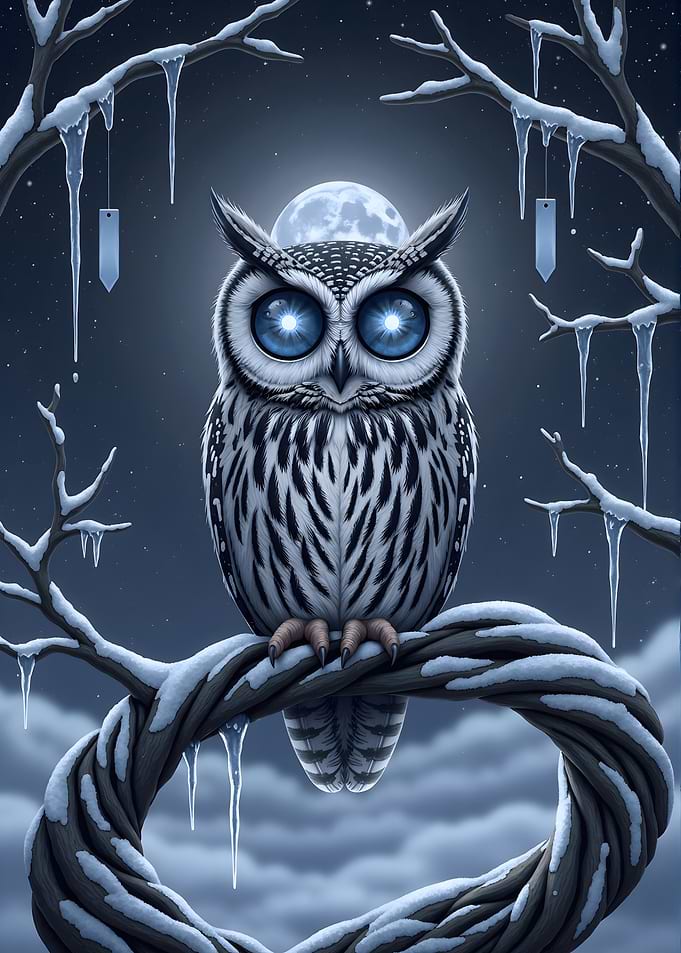 Winter Owl with Glowing Blue Eyes