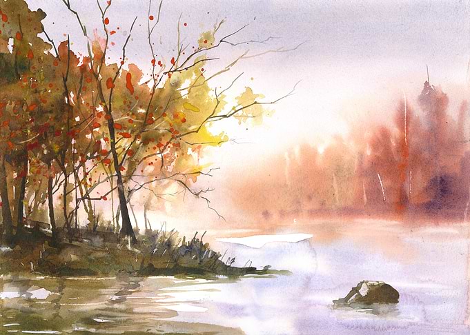 Autumnal Watercolor Landscape with Misty Lake