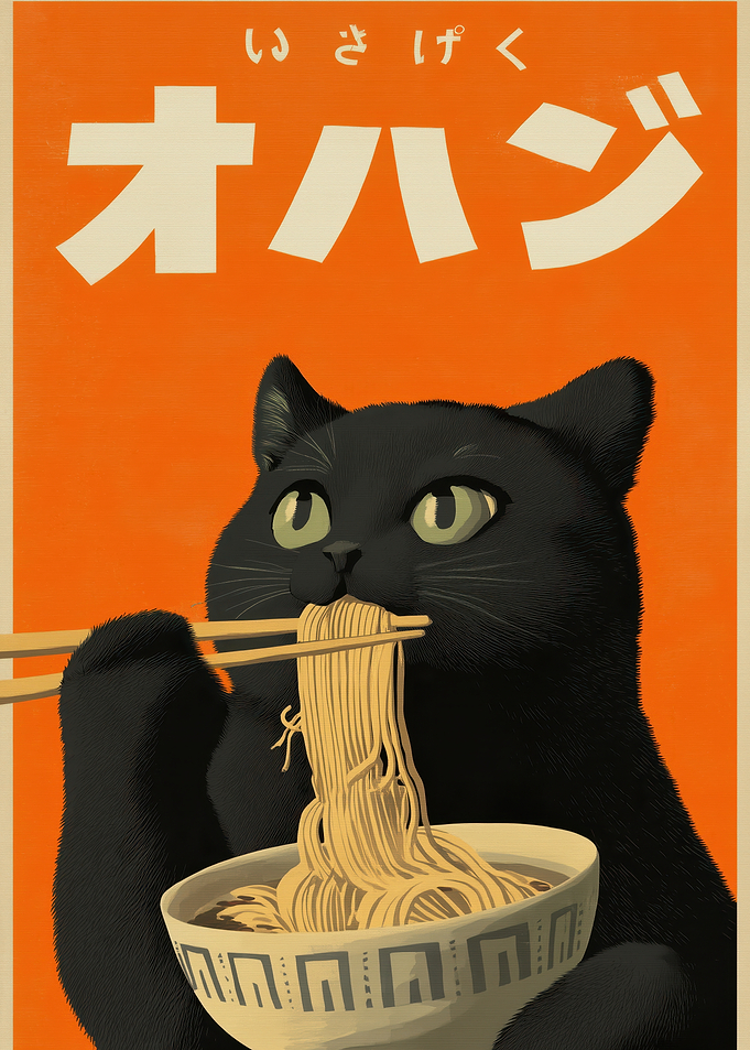 Black Cat Eating Ramen