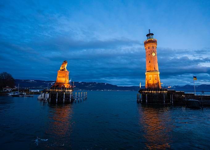 Lindau Lighthouse and Bavarian Lion at Dusk