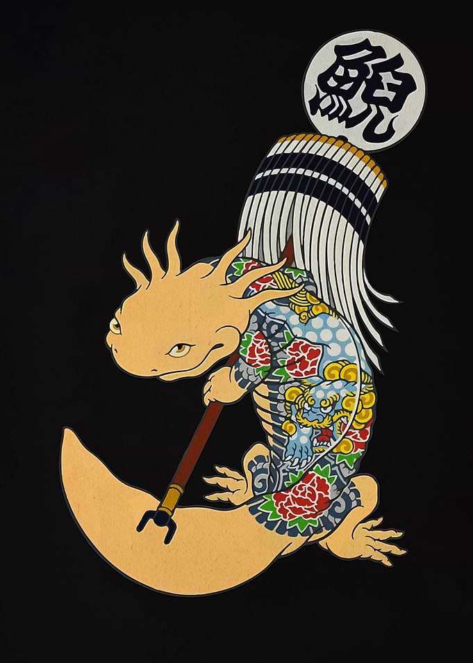 Tattooed Axolotl on Crescent Moon