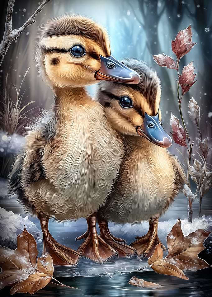 Two Ducklings in Winter Scene