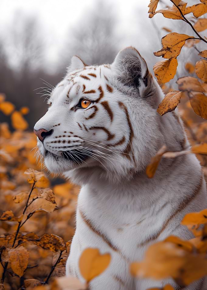 White Tiger Portrait in Autumn Leaves