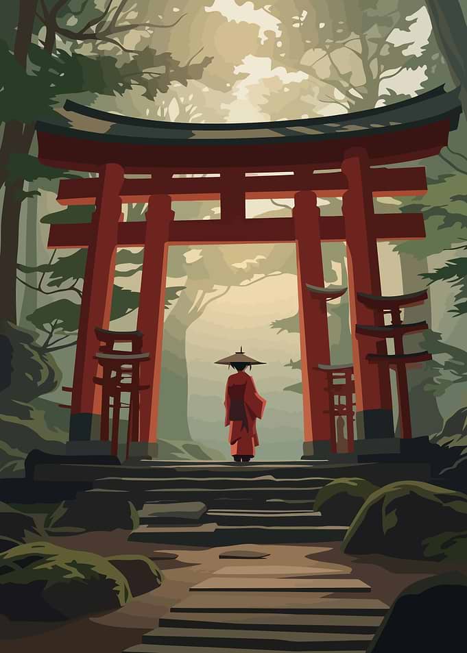Japanese Temple Gate with Figure