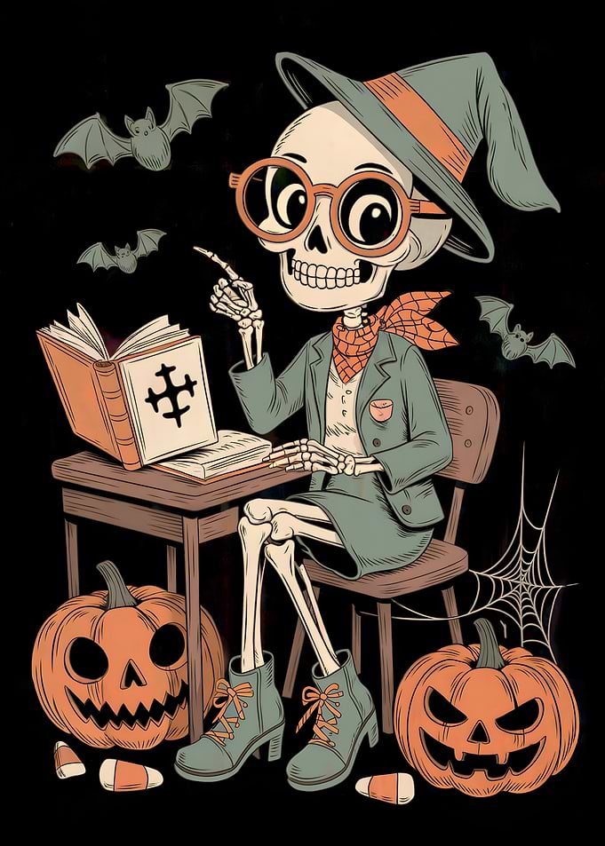 Halloween Skeleton Witch Studying