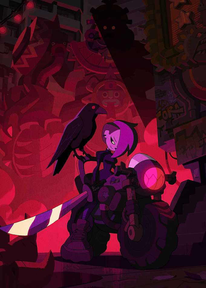 Motorcycle Rider with Raven in Cityscape