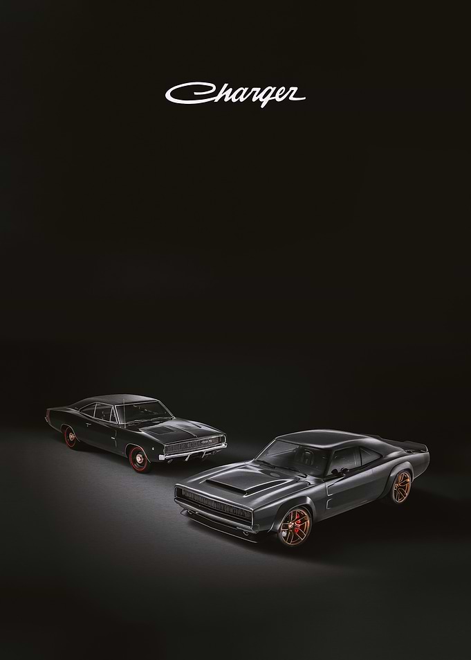 Two Dodge Chargers on Black Background