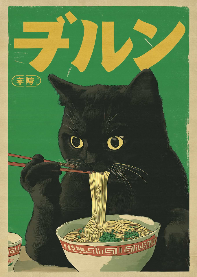 Black Cat Eating Ramen