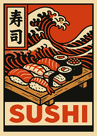 Sushi Poster Japanese Style Wall Art Waves Illustration Asian Food Kitchen Decor