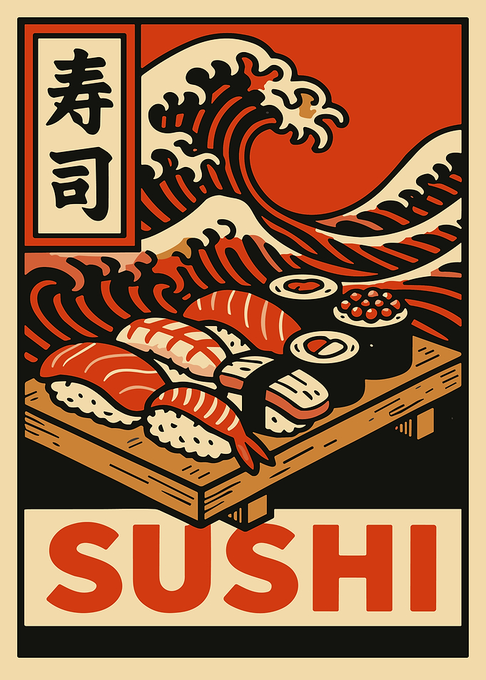 Sushi Poster Japanese Style Wall Art Waves Illustration Asian Food Kitchen Decor