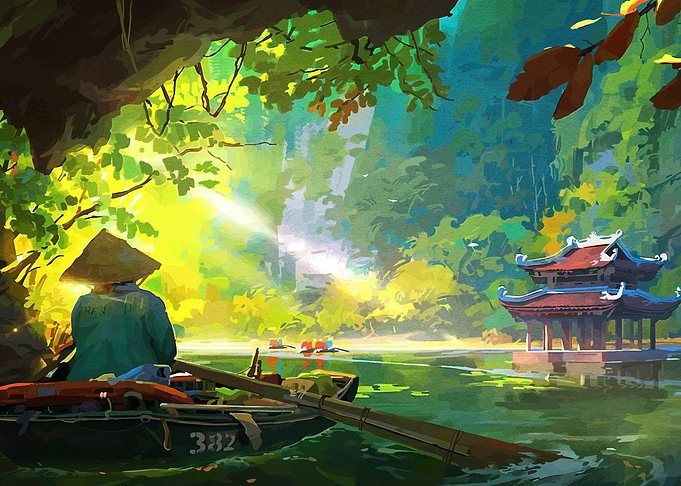 Tranquil River Scene with Asian Architecture