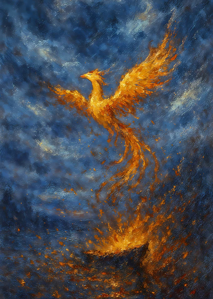 Phoenix Rising from Flames in Dramatic Oil Painting