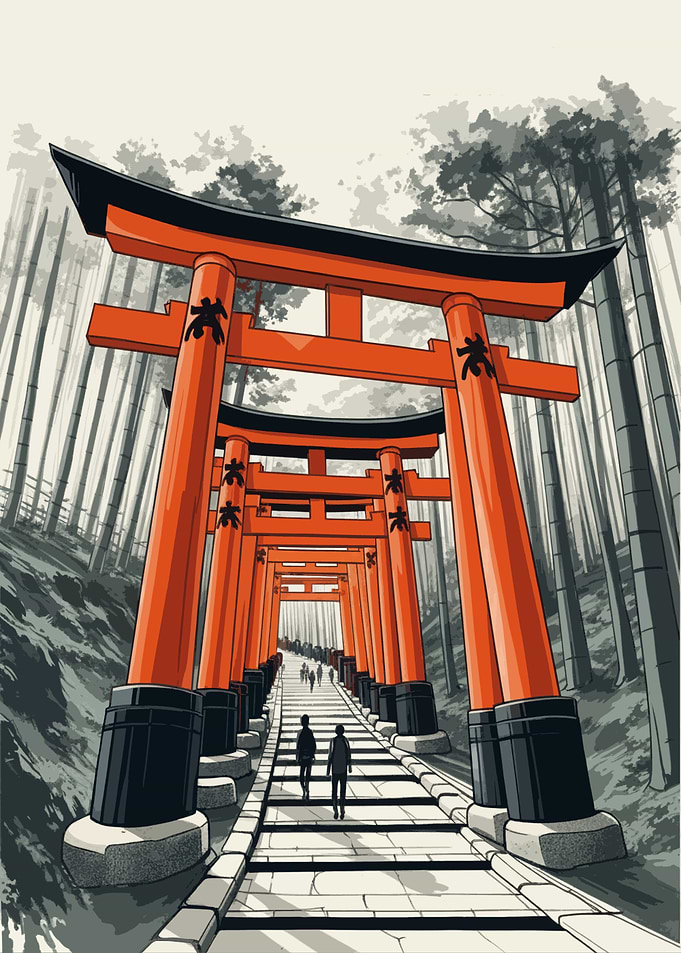 Fushimi Inari Shrine Torii Gates Illustration