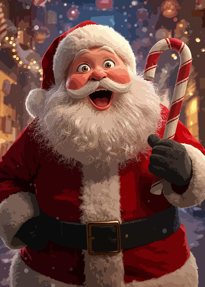 Cheerful Santa Claus with Candy Cane
